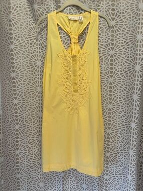 DKNY Butter Yellow Cotton Dress With Front Lace Detailing And Racerback XL